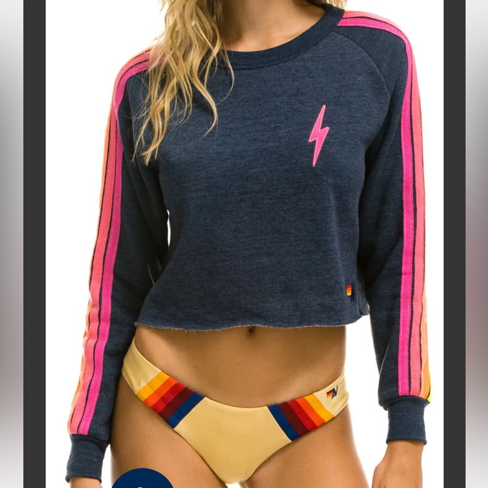 Aviator Nation Bolt Cropped Crew Sweatshirt - Heather Navy//Neon Stripes size XS